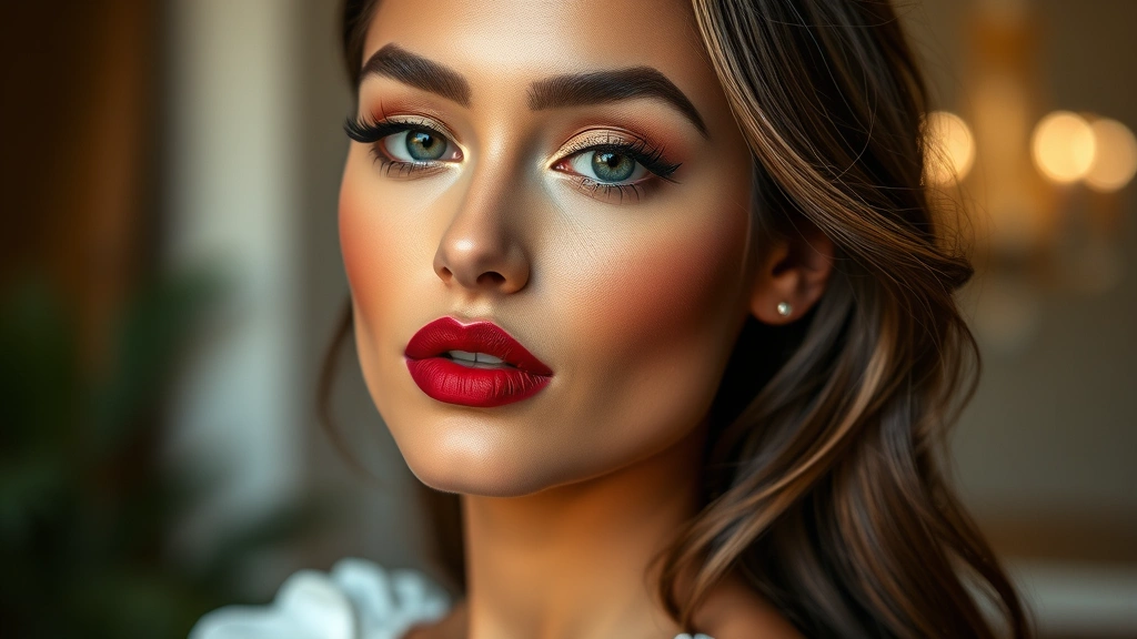 Full face makeup look with bold burgundy lipstick and subtle gold eyeshadow on medium skin tone, model wearing white dress, professional beauty photography with soft lighting
