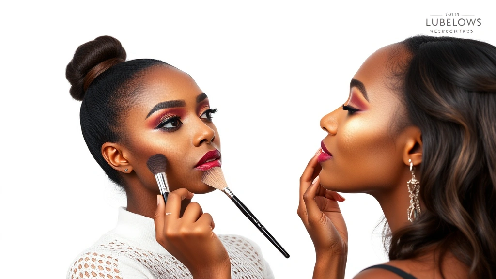 Glamorous makeup artist demonstrating contouring and highlighting technique on deep skin tone, white studio background, showing sculpting and radiance techniques with brushes and highlighter products