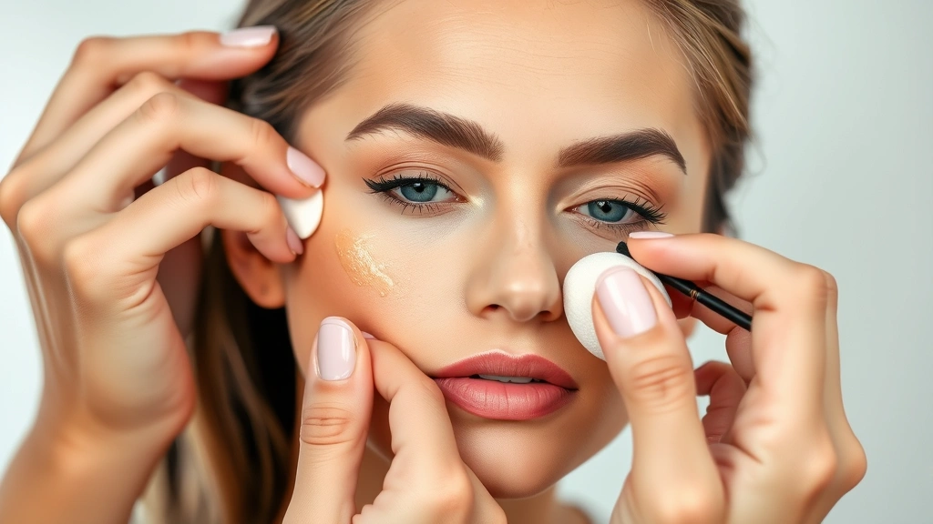 Makeup artist demonstrating foundation blending with a damp beauty sponge on a client's face, showing seamless application technique, natural lighting, diverse complexion