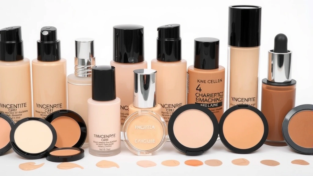 Array of foundation bottles and compacts in various shades from light to deep tones, arranged by undertone categories, professional product photography, no visible text or labels