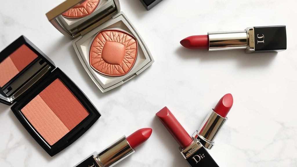 Flat lay of luxury Dior makeup products including cream eyeshadow, blush compacts, and lipstick tubes in warm bronze and burgundy shades on marble surface, natural soft lighting, no text visible