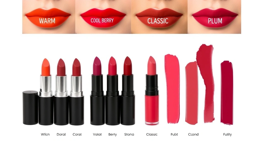 Diverse array of lipstick tubes and swatches displayed showing warm coral, cool berry, classic red, and plum shades against complementary skin tone backdrops, organized by color family