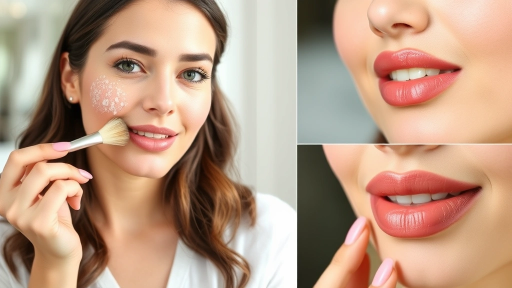 Beauty professional demonstrating lip preparation routine: exfoliating with soft brush, applying nourishing lip balm, and showing hydrated smooth lips ready for lipstick application in natural lighting
