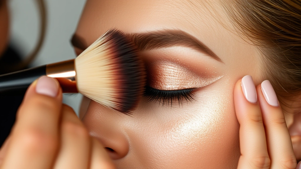 Professional makeup artist applying shimmery eyeshadow using a fluffy blending brush, showing warm champagne and gold tones, precise blending technique against model's eyelid