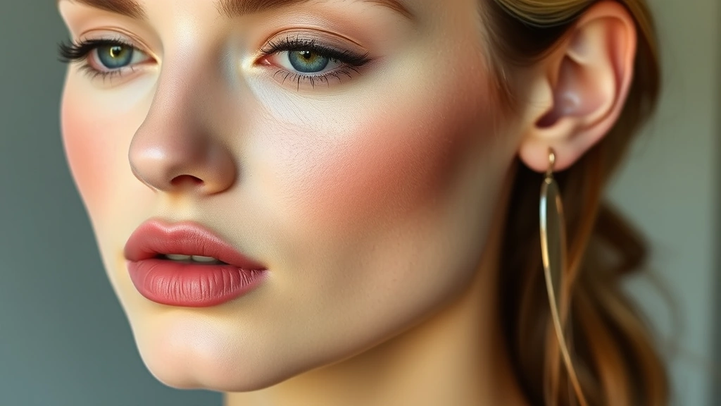 Detailed view of model's face featuring cream blush application on cheekbones, subtle contour along jawline, natural-looking highlighter on cheekbones, and nude rose lip color