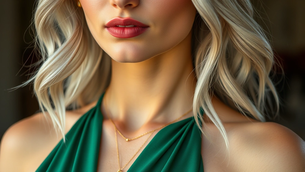 Close-up of sophisticated woman with silver hair wearing jewel-tone emerald dress, delicate gold necklace, and natural makeup with warm lighting