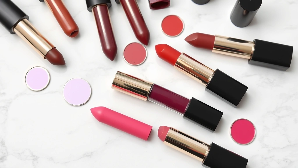 Flat lay arrangement of berry, plum, and pink lipstick shades in various finishes (matte, satin, glossy) displayed on marble surface with small mirrors reflecting different colors