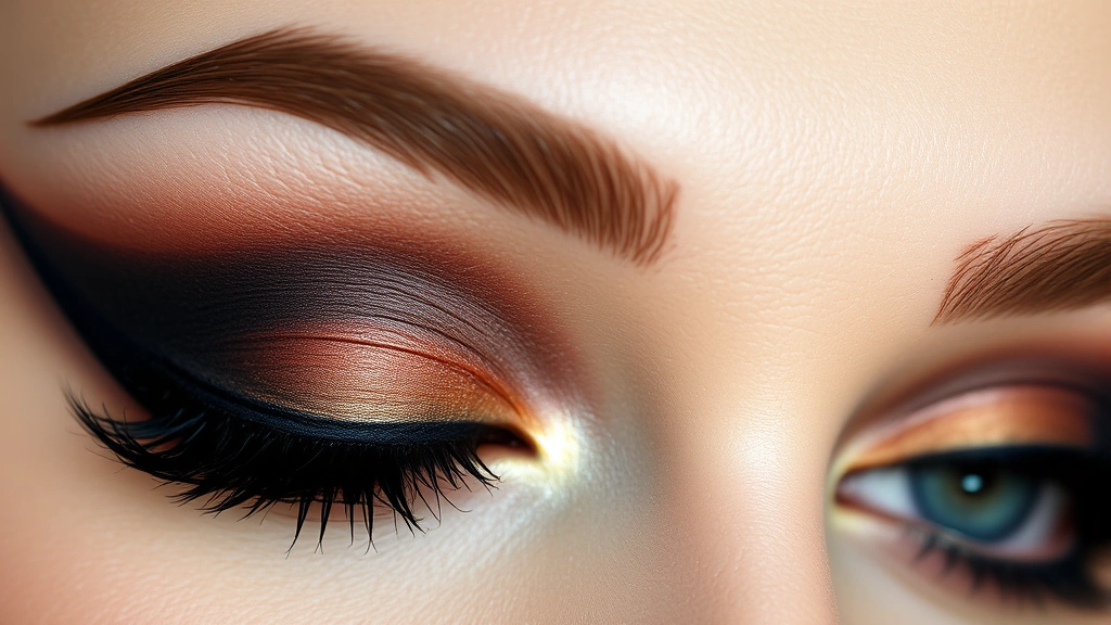 Detailed close-up of editorial eye makeup featuring smokey eyeshadow blended in crease, winged eyeliner, volumized black mascara on open eyes with defined brows