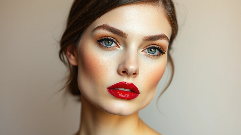 Beauty shot of model wearing classic red lipstick with precise application, nude eyeshadow, and polished skin demonstrating sophisticated fashion week makeup aesthetic
