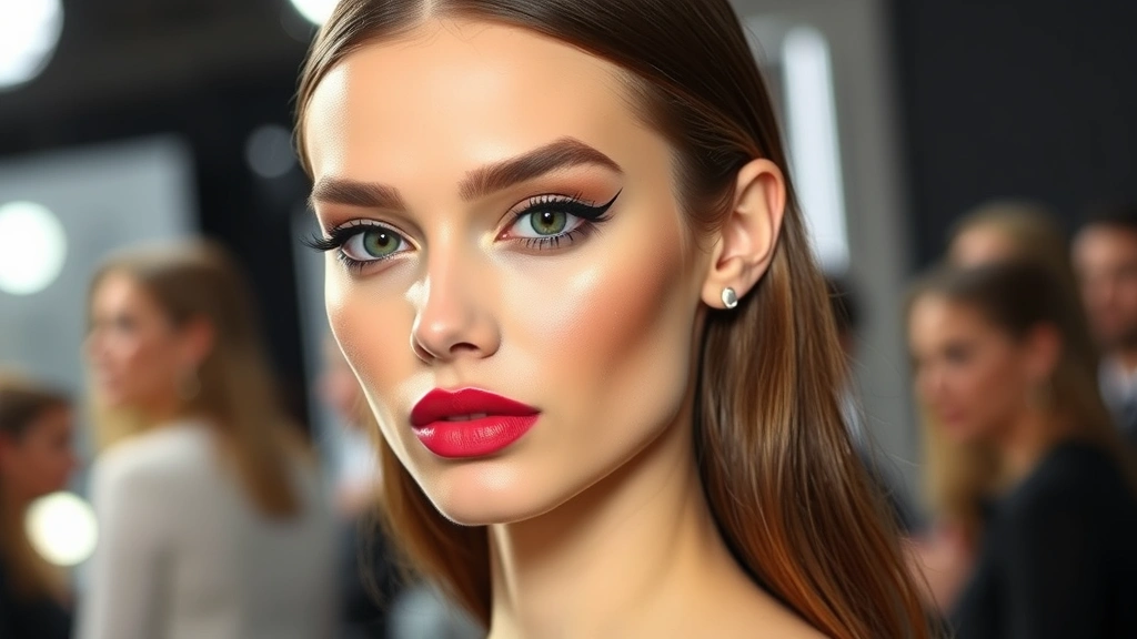 Fashion week model with flawless full-face makeup featuring graphic winged eyeliner, bold lip color, and luminous skin, backstage professional setting, high-definition beauty photography