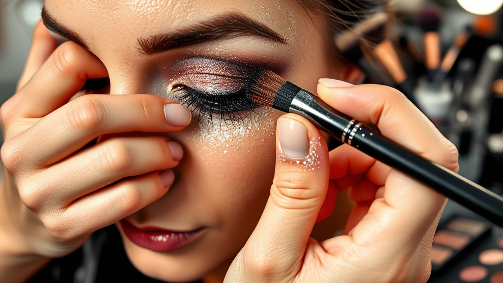 Close-up of makeup artist's hands applying metallic eyeshadow with damp brush technique, showing glitter and shimmer application, professional makeup station with organized brushes and products visible