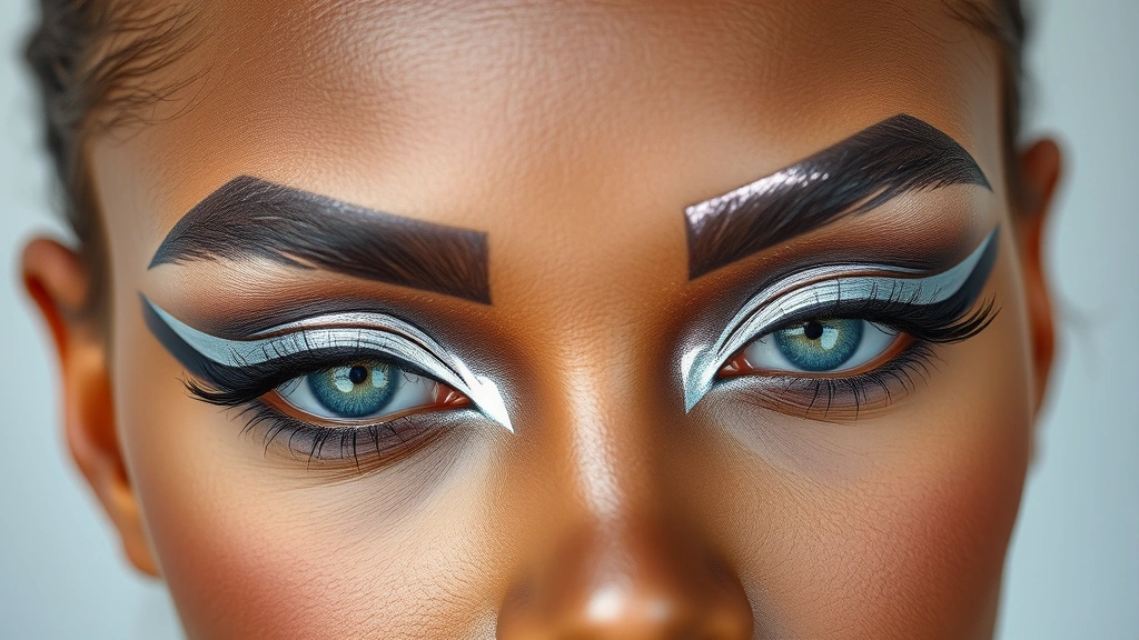 Beauty shot showing graphic geometric eyeliner design in metallic silver with negative space elements, sharp precision lines, artistic makeup application on diverse skin tone