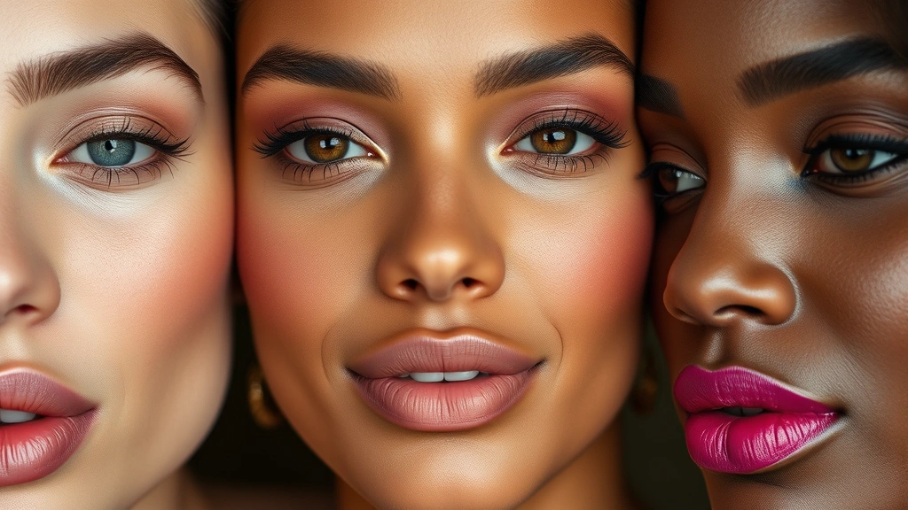 Vibrant close-up of diverse skin tones displaying multiple makeup finishes including luminous dewy glow, matte textures, and glossy highlights with various color palettes from warm earth tones to bold jewel tones