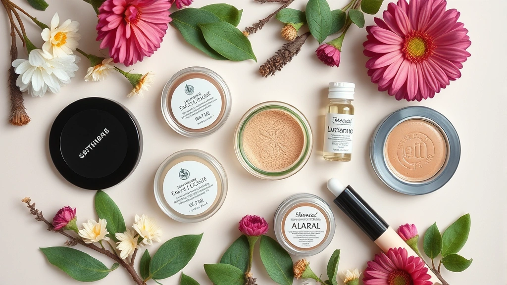Top-down flat lay arrangement of sustainable cruelty-free makeup products including refillable compacts, glass containers, natural ingredient labels, surrounded by fresh botanical elements on neutral background