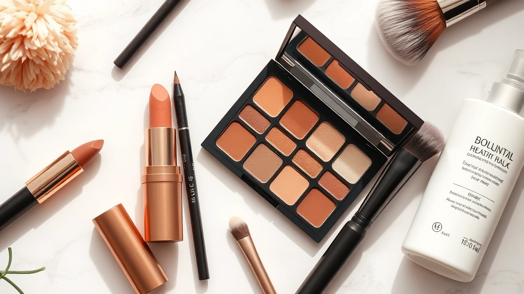 Beauty flat lay showing 90s makeup essentials: warm nude lipstick, brown eyeliner pencil, neutral eyeshadow palette in taupes and bronzes, fluffy makeup brushes, hydrating primer bottle, arranged on a light marble surface with soft shadows