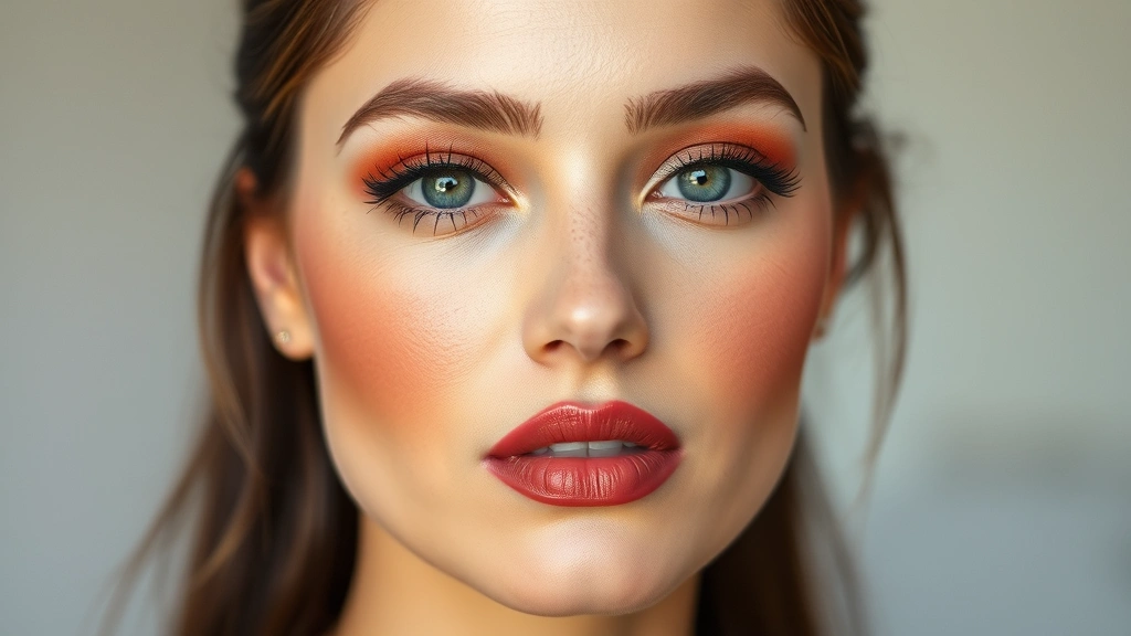 Portrait of a woman wearing complete 90s makeup look: sheer foundation showing natural skin, warm peachy blush applied high on cheekbones, monochromatic taupe eyeshadow, brown lip liner with nude lipstick, groomed arched brows, dewy skin finish, indoor studio lighting