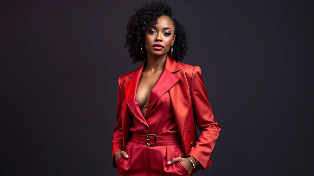Diverse woman in a glamorous, color-coordinated outfit displaying advanced styling techniques with multiple textures and visual depth, standing confidently in studio lighting, showcasing silhouette and proportion mastery