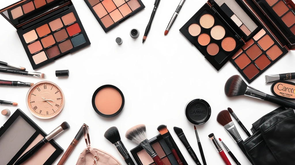 Detailed overhead flat-lay of premium makeup products, coordinated color palettes, brushes, and beauty accessories arranged artistically to demonstrate wardrobe planning and strategic preparation for fashion-forward looks