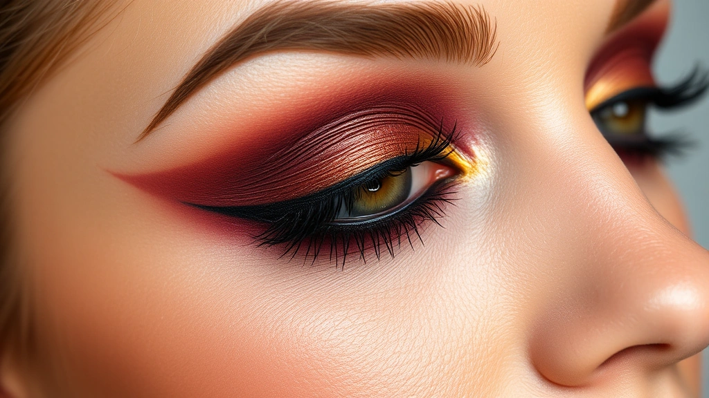 Close-up of completed fall makeup featuring deep burgundy eyeshadow with bronze highlights, warm peachy blush, and glowing skin with visible texture and dimension