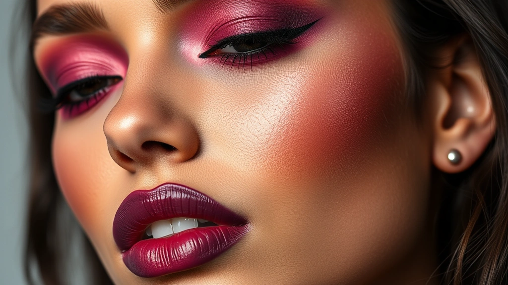 Close-up of vibrant berry-toned makeup look featuring deep plum eyeshadow, burgundy blush, and mauve lip color on diverse skin tone, editorial quality photography