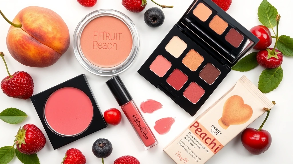 Flat lay arrangement of fruit-inspired makeup products including peach blush, berry eyeshadow palette, cherry lip tint, and sustainable packaging, styled with fresh berries