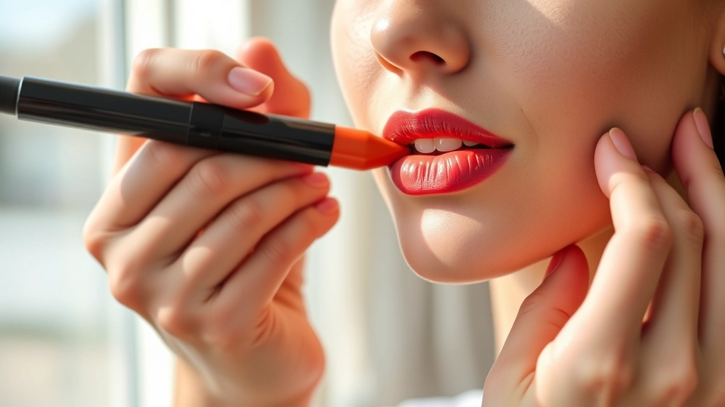 Professional makeup artist applying warm coral lipstick on fair-skinned model with cool undertone, natural window lighting, close-up of lips
