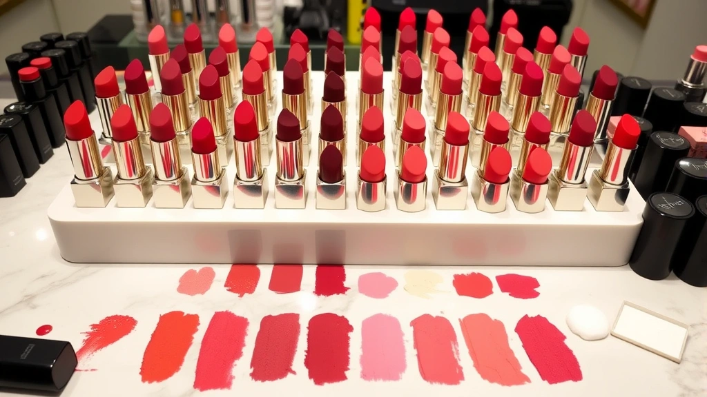 Beauty counter display showing organized lipstick swatches in warm and cool shades, organized by undertone categories, professional lighting