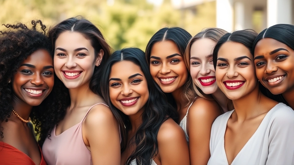 Diverse group of women wearing different lipstick shades appropriate for their skin tones, outdoor natural lighting, genuine smiles, various ethnicities