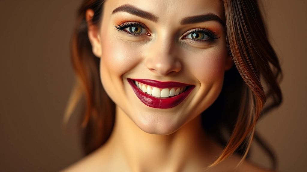Woman with perfectly applied wine-toned lipstick smiling naturally, warm studio lighting showcasing how the shade complements her skin tone, professional makeup aesthetic