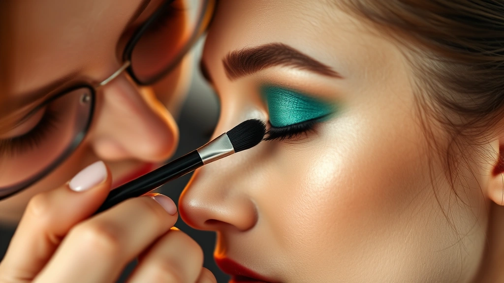 Professional makeup artist applying vibrant emerald eyeshadow to model's eyelid with precision brush, warm studio lighting, close-up detail shot