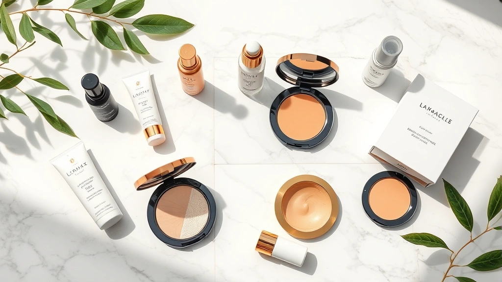 Luxury sustainable beauty products arranged on marble surface with gold accents, including refillable compacts and eco-friendly packaging, natural daylight