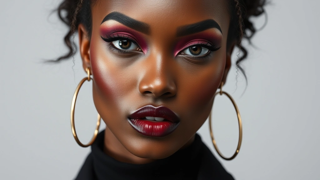 Fashion-forward makeup look featuring bold burgundy lips and defined cheekbones on diverse model, editorial style photography with dramatic lighting