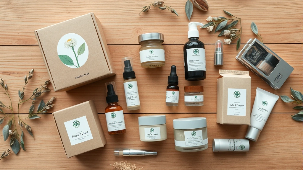 Minimalist flat lay arrangement of vegan makeup products in eco-friendly packaging, including recyclable cardboard boxes, glass containers, and aluminum tubes arranged artfully on a sustainable wooden surface with dried botanical elements