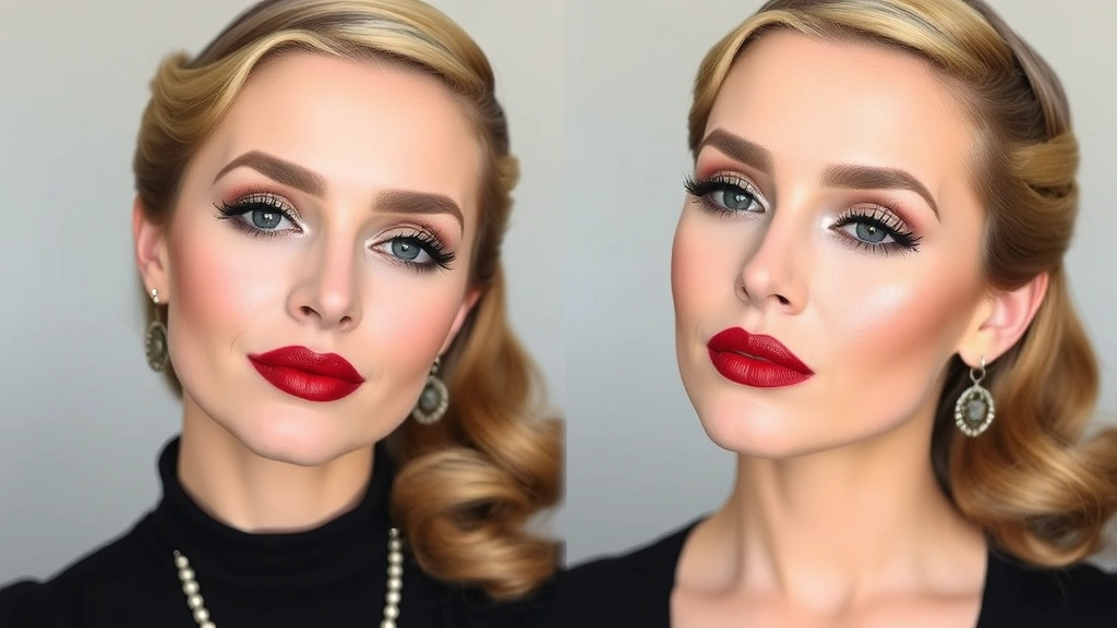 Before and after comparison showing vintage-style makeup transformed with modern contouring, highlighting, and blending techniques, professional makeup application with luminous skin and dimensional features