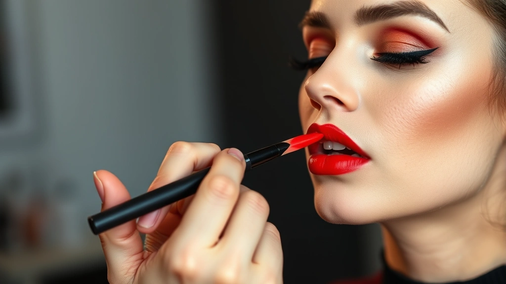 Professional makeup artist demonstrating modern lip application technique with contemporary finish, creating gradient effect with vintage-inspired red tone, showing precision and blending mastery