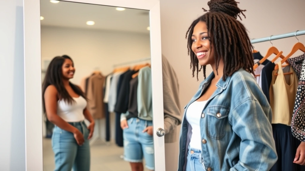 Young diverse woman trying on trendy outfits in bright modern dressing room with full-length mirror, excited expression examining clothing fit and style