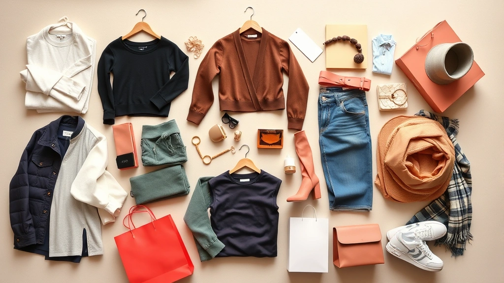 Overhead flat lay of fast fashion haul with multiple clothing items, accessories, and shopping bags arranged on neutral background showing volume of purchases
