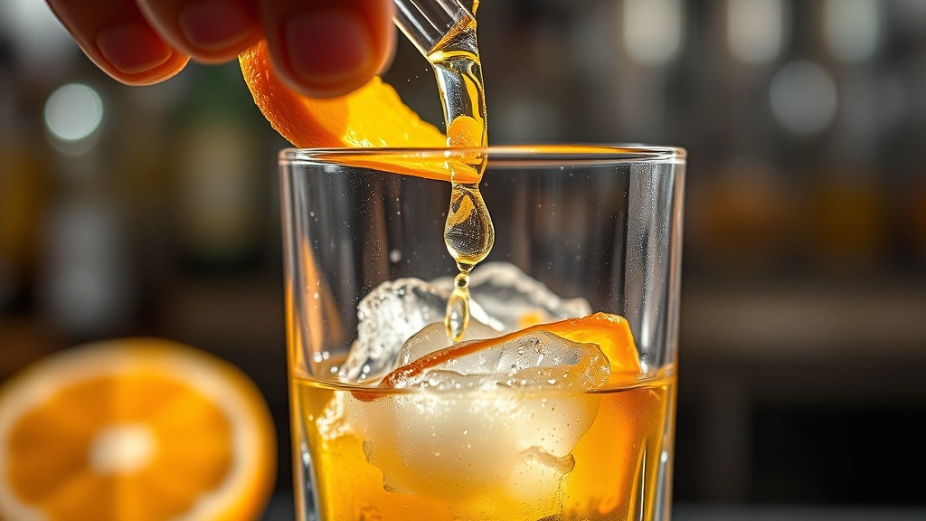 Close-up of freshly expressed orange peel oils releasing aromatic compounds over a rocks glass containing bitters and sugar paste, dramatic lighting highlighting the citrus oils, macro photography style, professional bar setting
