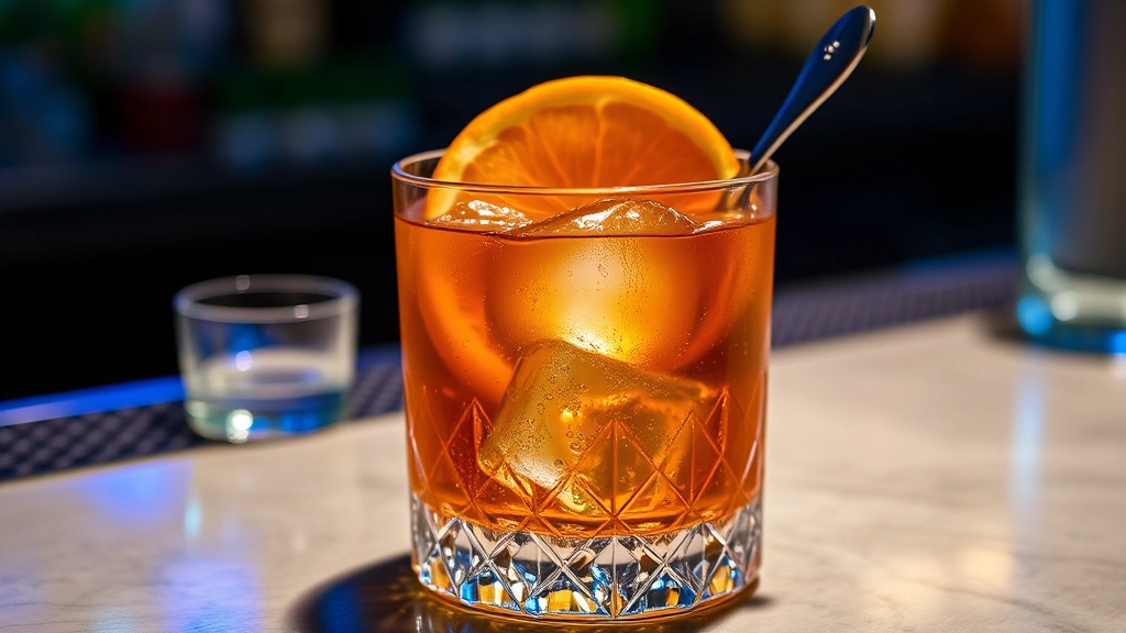 Finished Jameson Orange Old Fashioned cocktail in crystal rocks glass with large ice, orange peel garnish floating on top, golden whiskey color, ambient bar lighting, condensation on glass, elegant presentation with bar spoon visible