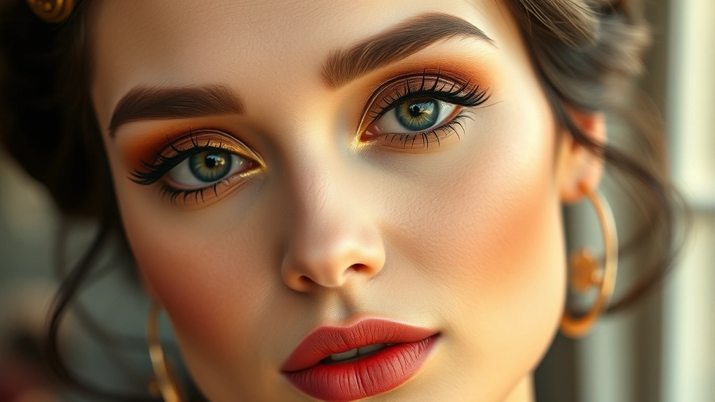 Vintage-inspired makeup look featuring precise cut-crease eyeshadow technique in warm browns and golds, defined brows, and matte complexion on model with natural lighting
