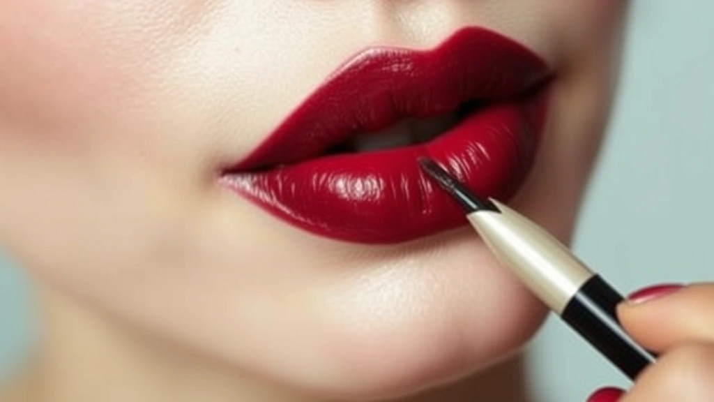Detailed view of classic lip application with sharp defined lip line using burgundy shade, showing precision and blending technique characteristic of old-fashioned beauty methods