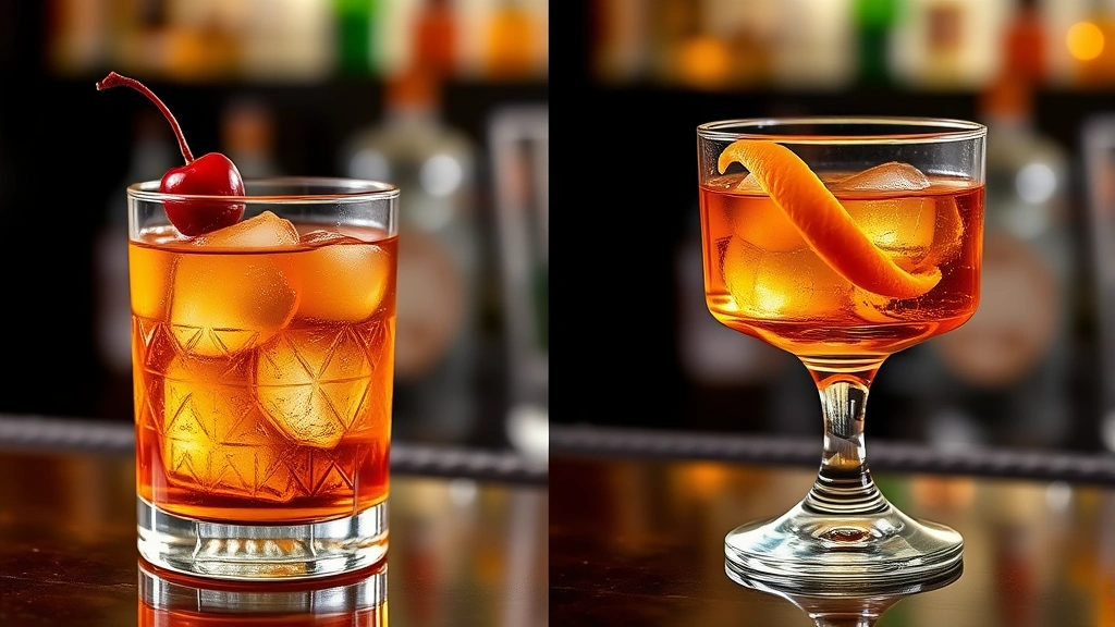 Side-by-side comparison of finished Manhattan and Old Fashioned cocktails in proper glassware, showing cherry garnish on Manhattan and orange twist on Old Fashioned, elegant bar setting