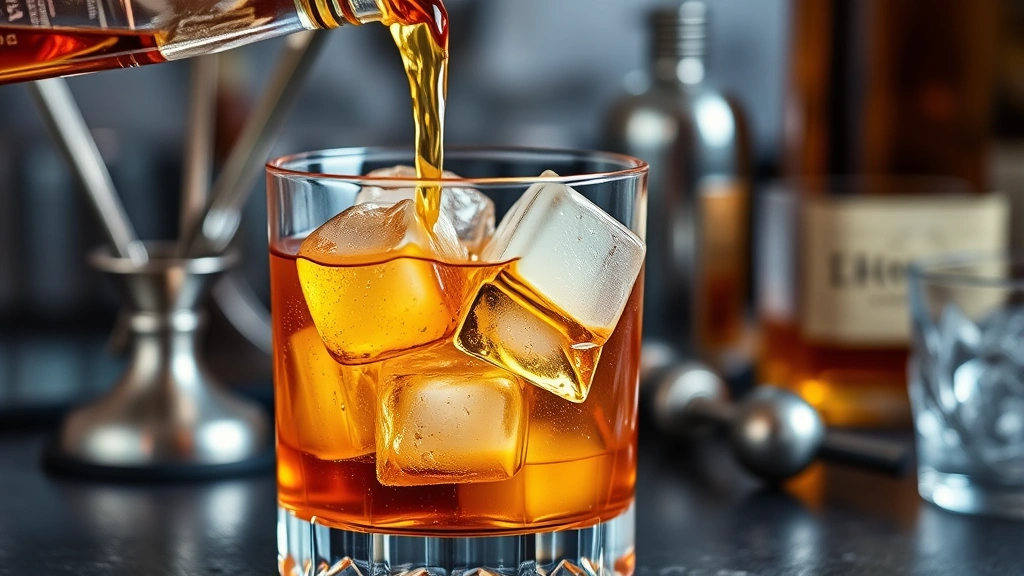 Close-up of ice cubes and whiskey being poured into a rocks glass for an Old Fashioned, with bar tools and ingredients visible, professional cocktail photography