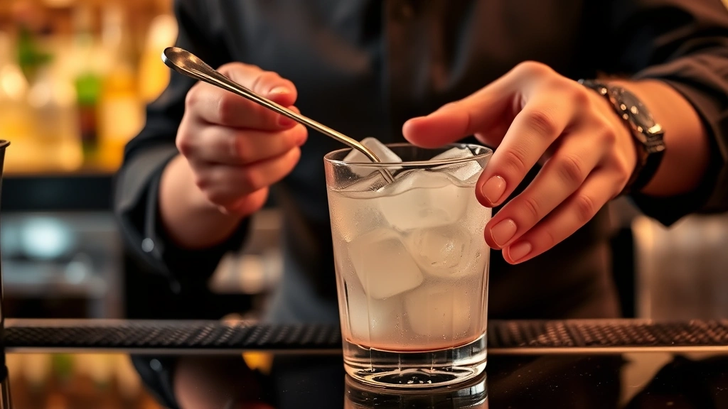 Bartender's hands stirring a cocktail with a bar spoon in a mixing glass filled with large ice cubes, professional bar setting, focused technique demonstration, warm ambient lighting