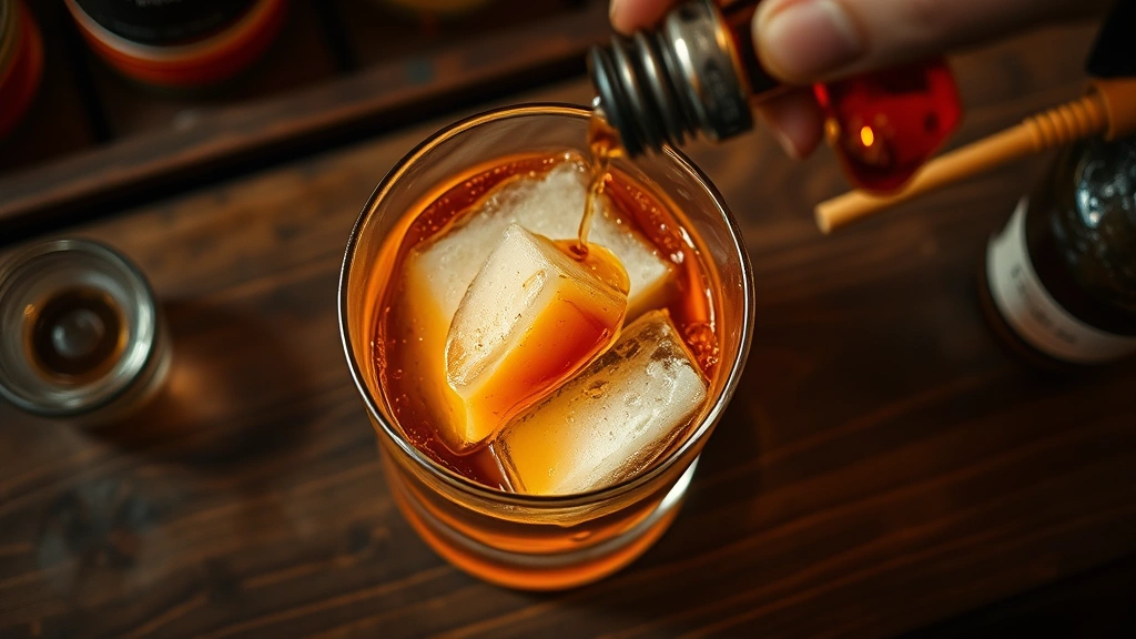 Overhead view of an Old Fashioned being prepared with a large ice cube, sugar cube dissolving, bitters being added, rustic rocks glass, intimate bar atmosphere with warm wood tones