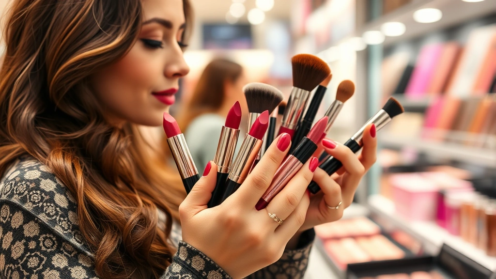 Beauty enthusiast holding multiple lipsticks and makeup brushes while examining products in bright retail store lighting, genuine shopping experience captured in realistic detail