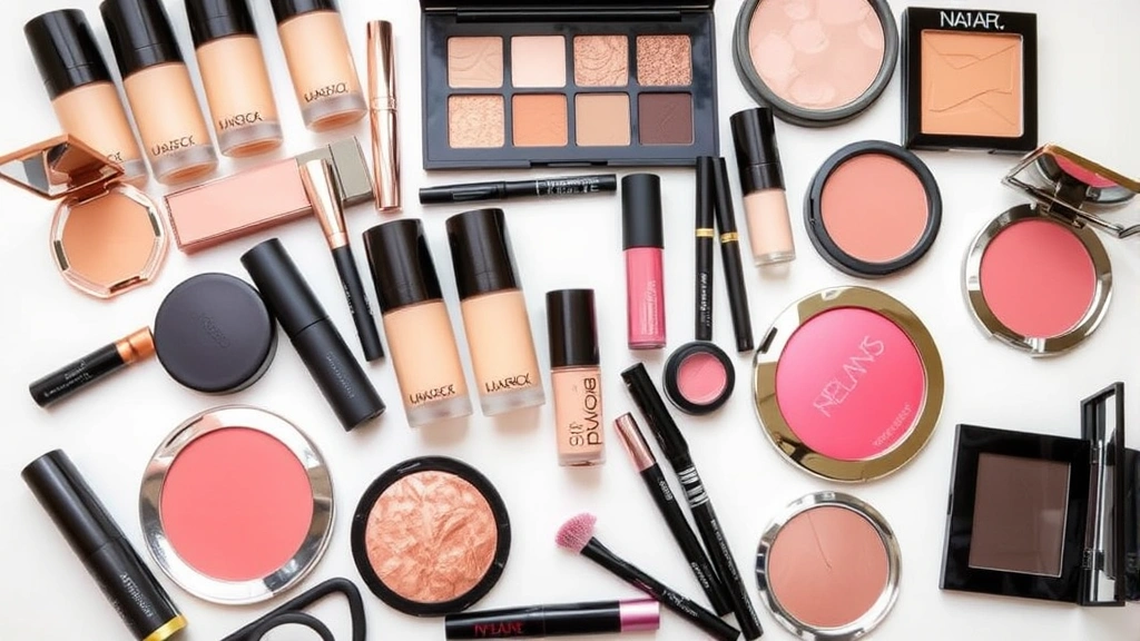 Organized makeup collection display featuring foundation bottles, mascaras, blushes and highlighters arranged artfully on white surface with professional photography lighting