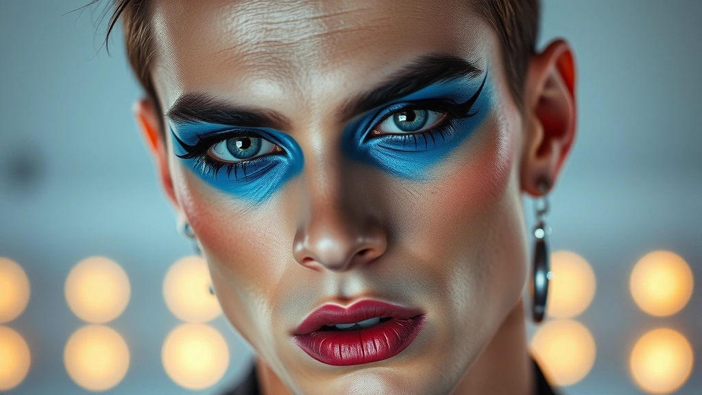 Glam rock makeup on male model with bold blue eyeshadow, dramatic black eyeliner, and metallic accents, looking directly at camera with confidence