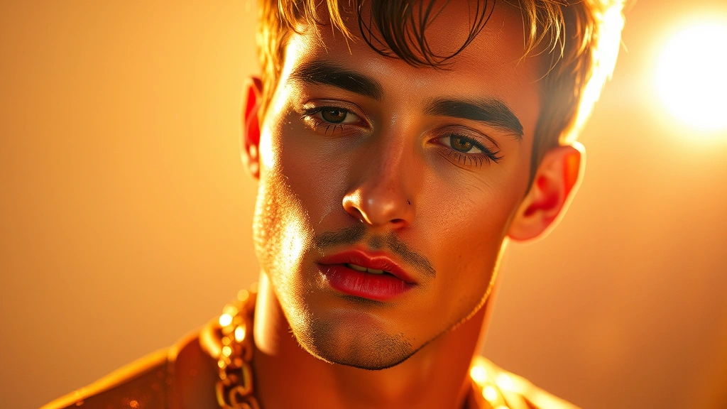 Disco-inspired men's makeup featuring luminous gold shimmer eyeshadow, peachy-bronze blush, glossy lips, and radiant glowing skin catching studio light