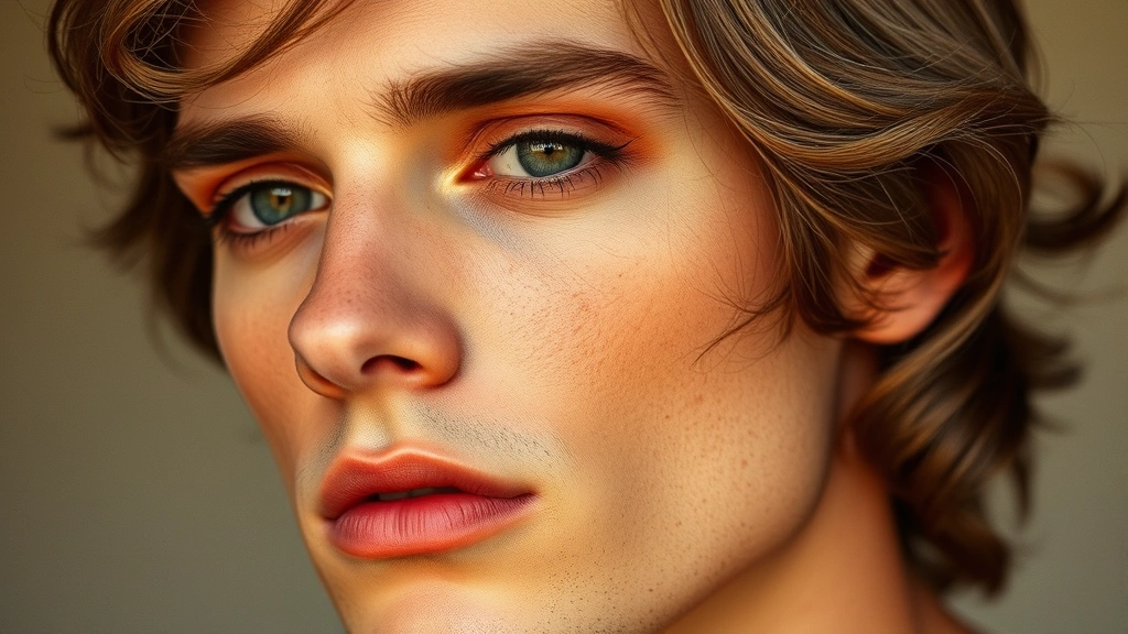 Natural 70s earthy makeup on man with warm brown eyeshadow, terracotta blush, minimal eyeliner, and matte finish emphasizing bone structure